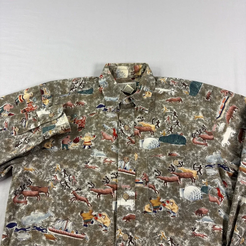 Vintage Banana Republic Safari Shirt Mens XS Alaskan Native Graphic AOP Travel